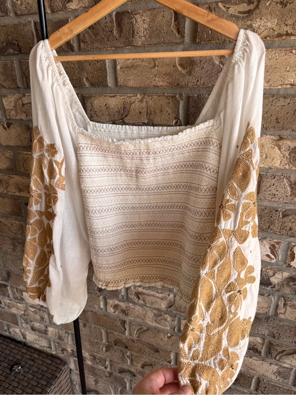 Anthropologie Embroidered Smocked Puff Sleeve Crop Top Ivory Gold Floral 2X